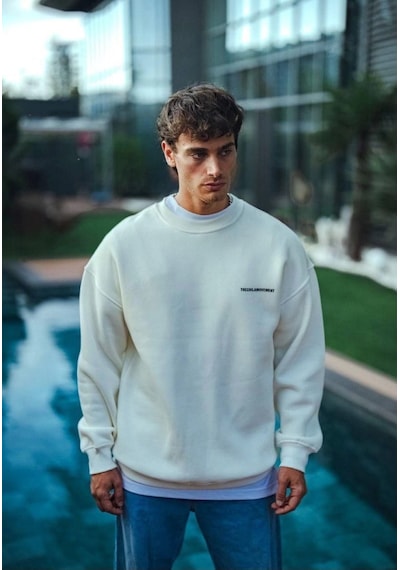 Modi Kışlık Bisiklet Yaka Oversize Baskılı Sweatshirt - Beyaz Açık Kahverengi - Beyaz