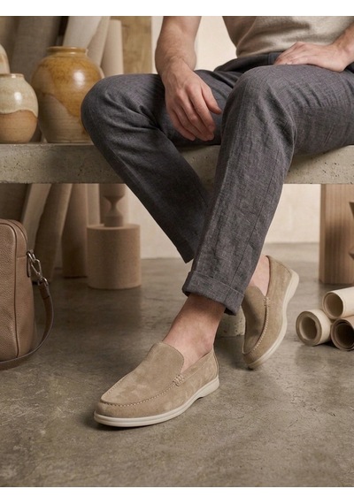 BOA Ba0252 İçi Dışı Hakiki Deri Erkek Krem Süet Casual Loafer Termo Taban Ayakkabı