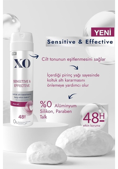 Xo Sensitive & Effective Kadın Deodorant, Rice Oil, 48 Saat Koruma, 2x150 Ml
