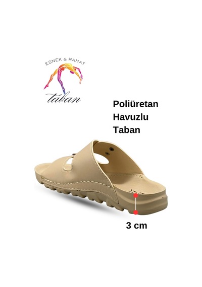 Sermoda Kadın Terlik Esnek Anatomik Tabanlı Ayarlanabilir Çift Tokalı Kadın Terlik Krem