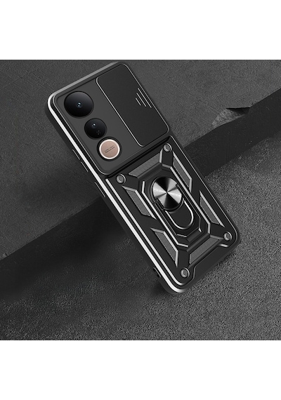 Vivo V50 Lite 4g Kılıf Magnetik Standlı Kamera Korumalı Zore Sürgülü Vega Kapak Siyah