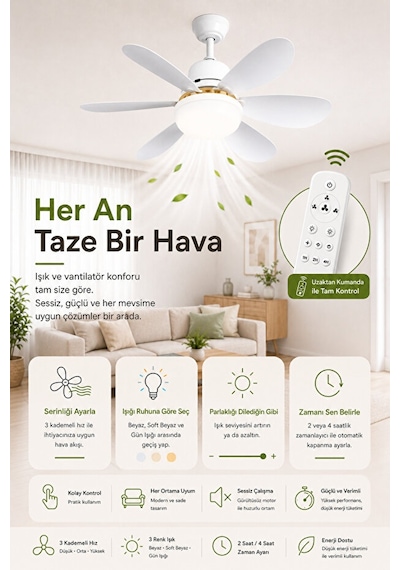 Waldern 6 Kanatlı, Işıklı Sessiz Çalışma Tavan Tip Vantilatör