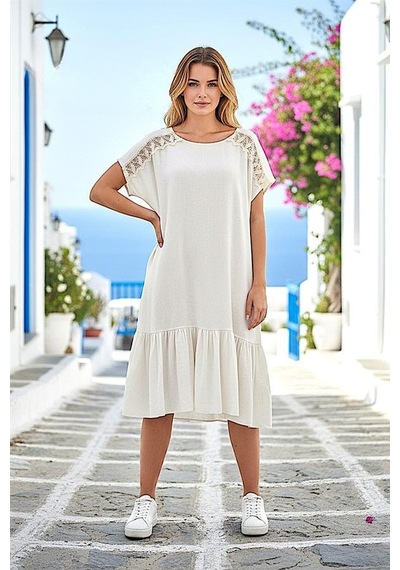 Veraura Lifestyle Bej Rengi Omuzları Dantelli Keten Midi Elbise