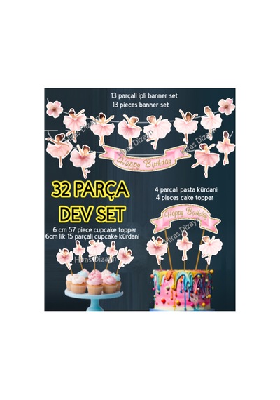 32 Parça Balerin Happy Birthday Doğum Günü Banner Pasta Kürdanı Cupcake Doğum Günü Süsü Kokteyl Kürdan Söz Nişan Doğum Günü Kokteyl Davet Ve Sunum Pasta Süsü Süsleme Kalın Kağıt