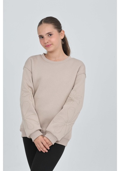 Toontoy Kız Çocuk Relax Fit Bisiklet Yaka Düşük Omuz Sweatshirt Bej