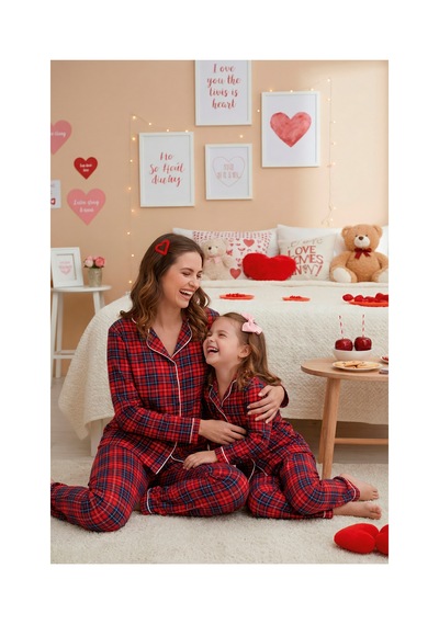 Rindahomewear Anne-kız Kırmızı Ekose Desenli Örme Düğmeli Uzun Kollu Pijama Takımı Kırmızı