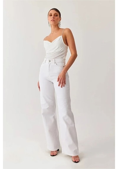 Woddi Trend Jean Yüksek Bel Wide Leg Beyaz Palazzo Pantolon Bol Paça Jeans Likrasız