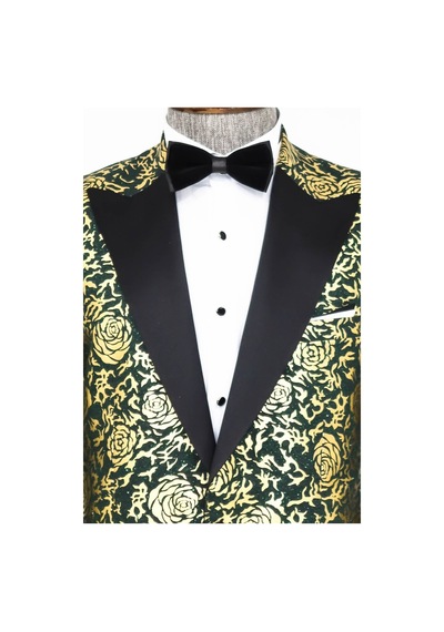 Wessi Gold Gül Desenli Slim Fit Yeşil Erkek Smokin Ceket Yeşil
