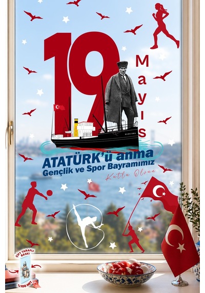 19 Mayıs Atatürk Ü Anma Gençlik Ve Spor Bayramı Çift Taraflı Cam Sticker Set 100% Görünüm,90 Parça Dijital Baskı