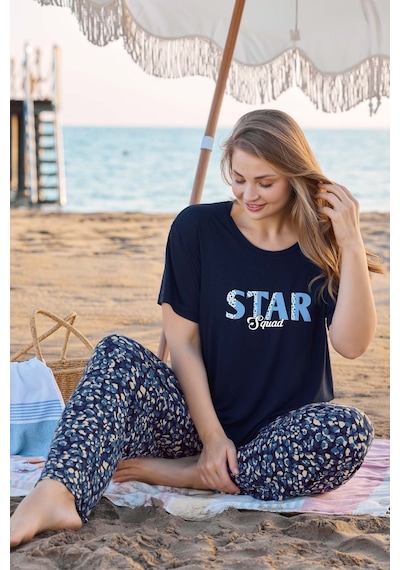 Aydoğan Kadın İnci Büyük Beden Kısa Kol Lacivert Pijama Takım 0254 Lacivert