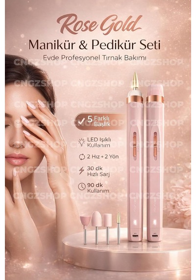 Rose Gold Manikür & Pedikür Seti, Şarjlı Tırnak Bakım Aleti, 5 Farklı Uç Başlıklı, Led Işıklı