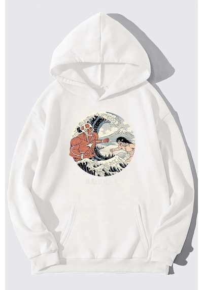 Uyguntarz Unisex Kanagawa Oki Nami Ura Baskılı Sweatshirt beyaz