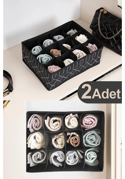 2 Adet 12 Gözlü Çekmece Düzenleyici Cepli Organizer 35x25x12 X Siyah