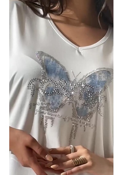 Elaxi Leopar Kelebek Desenli Bluz Beyaz