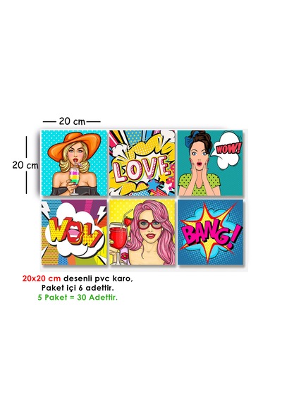 Kendinden Yapışkanlı Karma Pop Art Desenli Pvc Karo 20x20 Cm 5 Li Paket