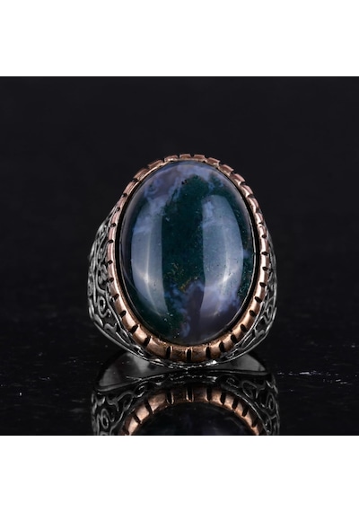Moss Agate Doğal Taş Yüzük, 925k Katı Gümüş Erkek Yüzüğü, El Yapımı Şıklık Gümüş