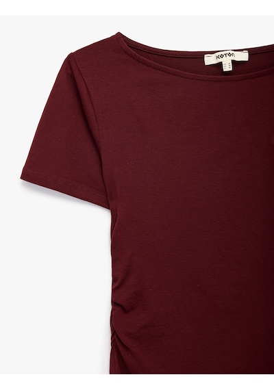 Koton Viskon Slim Fit Büzgülü Bisiklet Yaka Kısa Kollu Tişört Bordo 7wak50052ek