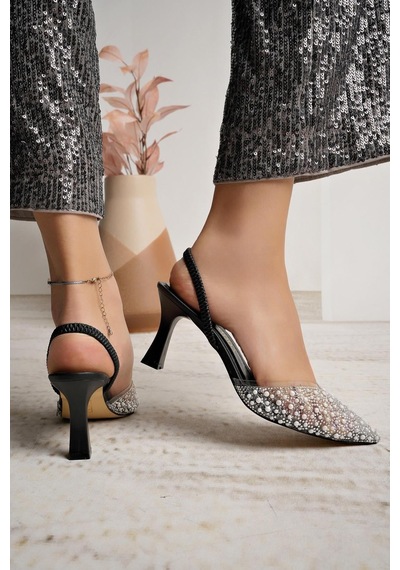 Nesilshoes Nesil Shoes Uraz 451 Siyah İncili Lastikli Kadın Sandalet