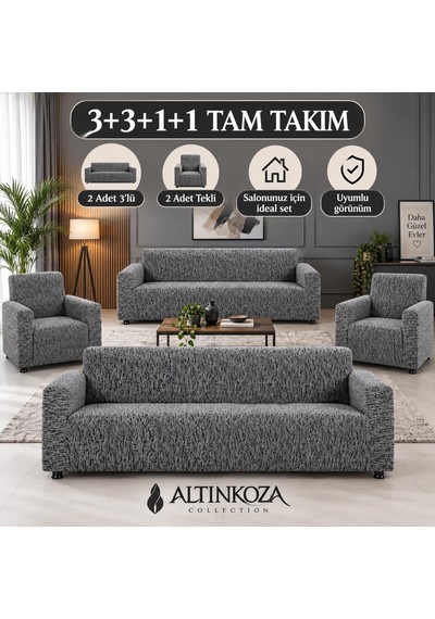 Altınkoza Koltuk Örtüsü - 3+3+1+1 Takım -%100 Pamuklu Esnek Streç Kumaş - Her Tip Kanepeye Uyumlu - Salon Oturma G Çok Renkli