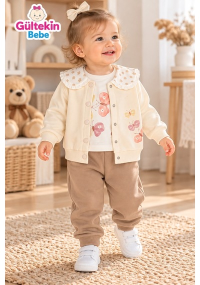 Iggy Butter Fly Desenli 3 İplik Şardonlu Ceketli Üçlü Takım 9-24 Aylık -al126498527 - Bej
