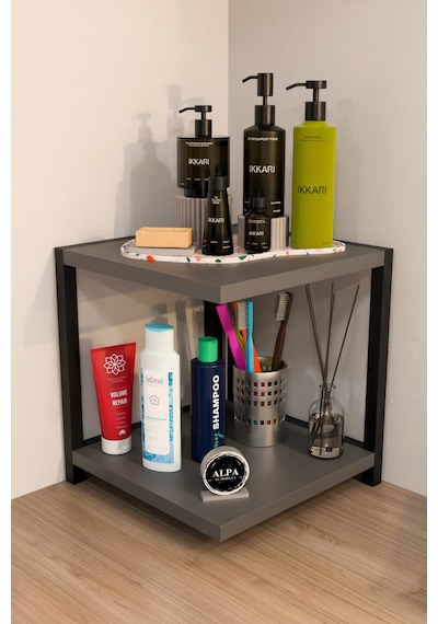 İki Raflı Banyo Köşe Kare Düzenleyici Organizer Raf Metal Gövdeli Çok Amaçlı Banyo Standı Antrasit