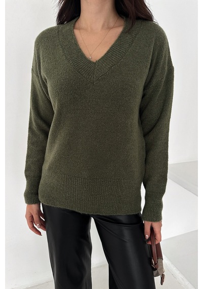 Noa & Noa Kadın V Yaka Triko Kazak Cozy Neutral Yeşil