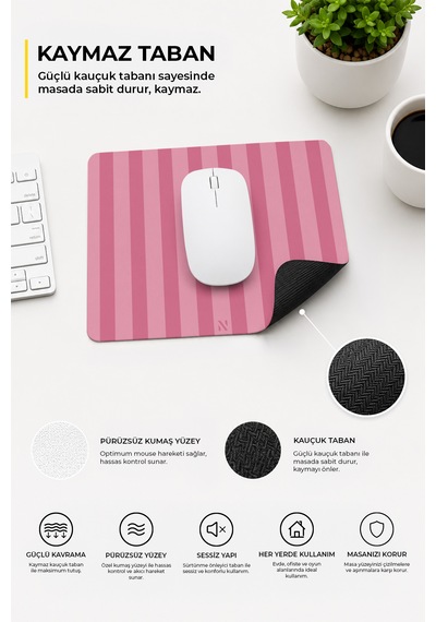 Pembe Renkli Çizgili Ergonomik Mouse Pad, Kaymaz Yüzey İle Ev Ve Ofis Kullanımı İçin İdeal