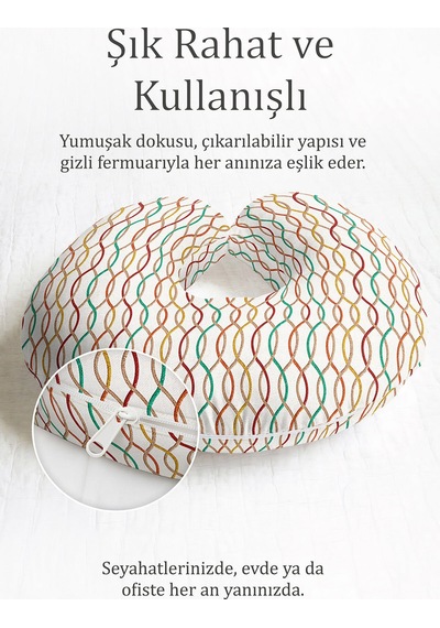 Renkli Geometrik Dalga Pamuklu Boyun Yastığı - Modern Çizgili Krem Turuncu Seyahat Yastığı Buzlu Dumanlı Toprak