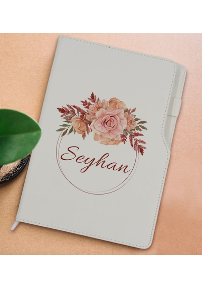 Bk Gift Kişiye Özel Çiçek Tasarımlı Beyaz Termo Deri Not Defteri 15x21cm-26