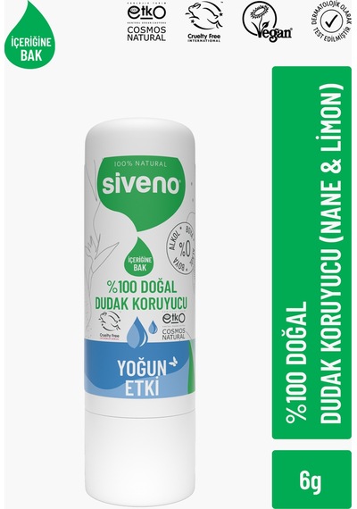 Siveno %100 Doğal Dudak Koruyucu Yoğun Etki Bitkisel Lip Balm Krem Nemlendirici Parlatıcı Onarıcı 6 G
