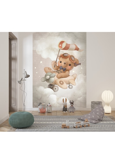Uçak Kullanan Ayı Çocuk Odası Poster Duvar Kağıdı Renkli