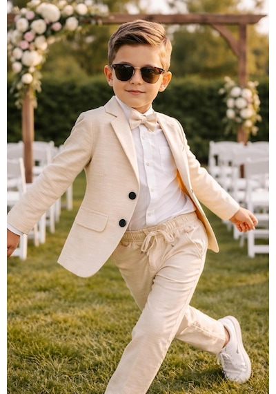 Baby Kids Colors Erkek Çocuk Flamlı Keten Salaş Ceketli Takım Elbise / Gömlek Pantolon Ceket Papyon Keten Takım Bej