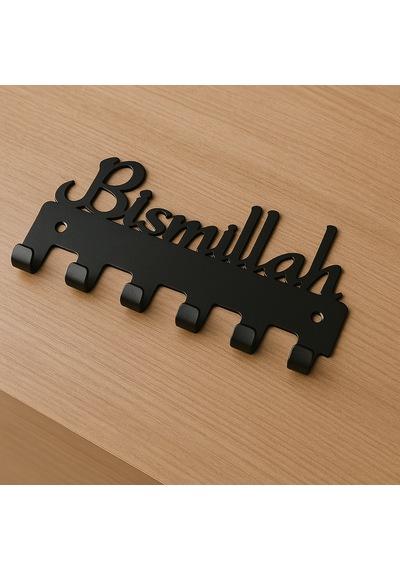 Lunoart Bismillah Yazılı Metal Anahtarlık Askılığı Siyah 6 Askılı Modern Duvar Dekoru Siyah