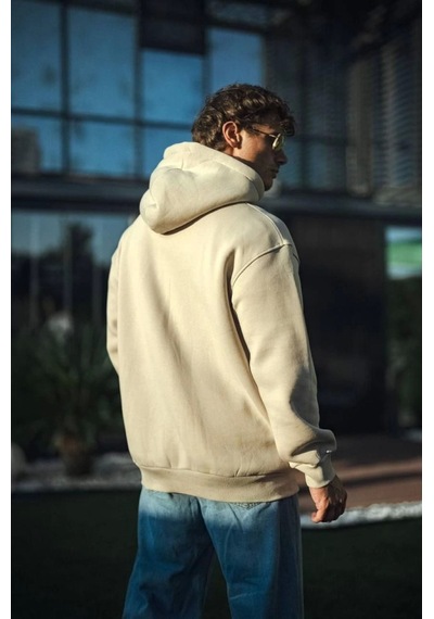 Efnaz Style Üç İplik Penye Kapşonlu Basic Sweatshirt - Bej