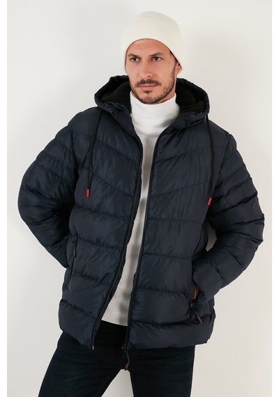Buratti Peluş Astarlı Kapüşonlu Fermuarlı Slim Fit Şişme Erkek Mont 5762010 Lacivert