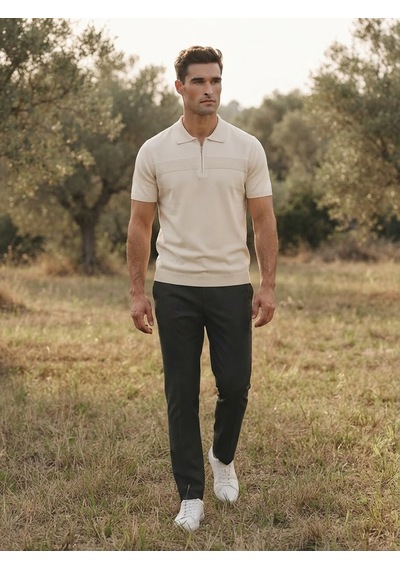 Maccali Erkek Krem Düz Dar Kalıp Polo Yaka Triko Tişört