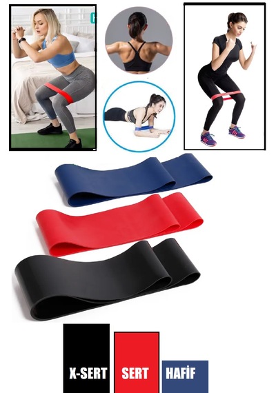 3'lü Set Direnç Bandı 60 Cm Hafif - Sert - X-sert Pilates Egzersiz Yoga - Mini Loop Band Mavi - Kırmızı - Siyah