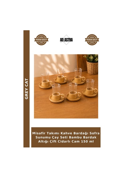Misafir Takımı Kahve Bardağı Sofra Sunumu Çay Seti Bambu Bardak Altığı Çift Cidarlı Cam 150 Ml Şeffaf