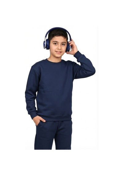 Erdem Kıds Unisex Kız-erkek Çocuk Paçası Lastikli 3 İplik Şardonlu Pamuklu Basic Bisiklet Yaka Okul Eşofman Takımı Lacivert Lacivert