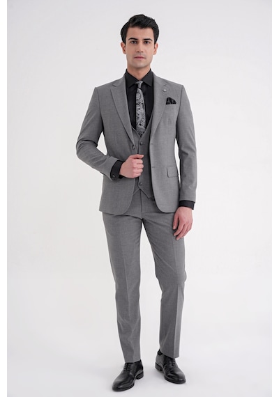 Efor Slim Fit Çift Yırtmaç Ekoseli Esnek Yünlü Yelekli Klasik Füme Takım Elbise Tk 934 Füme