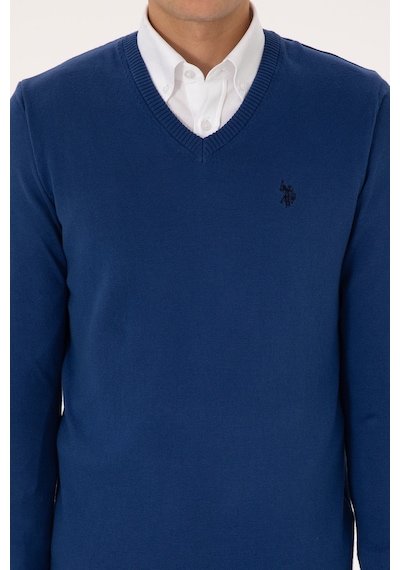 U.S. Polo Assn. Erkek Slim Fit V Yaka İndigo Basic Triko Kazak 50313662-VR028