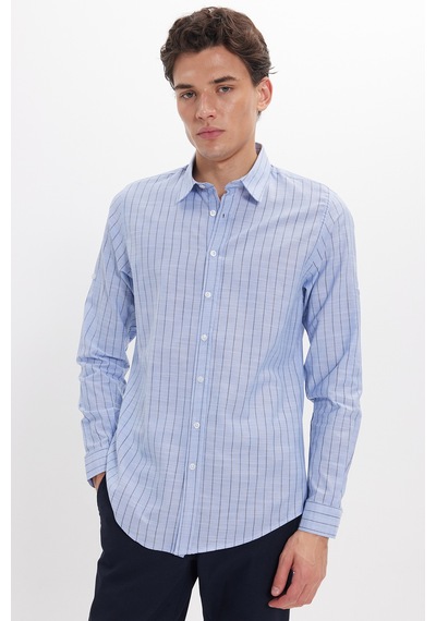 Tudors Erkek Slim Fit Dar Kesim Uzun Kollu %100 Pamuk Keten Doku Çizgili Gömlek-42648 Mavi