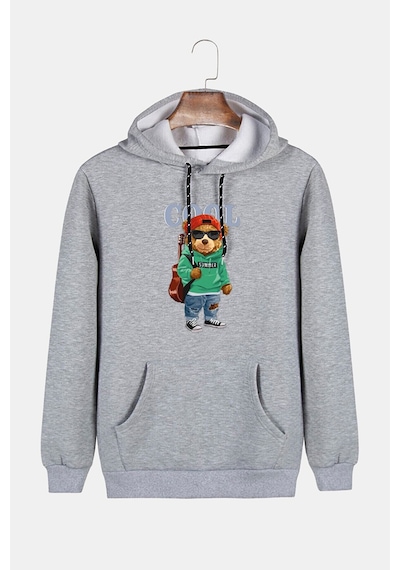 Unisex Gri Kapüşonlu Cool Ayıcık Baskılı Slim Fit Kanguru Cepli Sweatshirt Gri