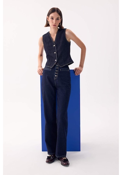 Defacto 90's Wide Leg Yüksek Bel Uzun Jean Pantolon D5830AX24WNNM34 Mavi
