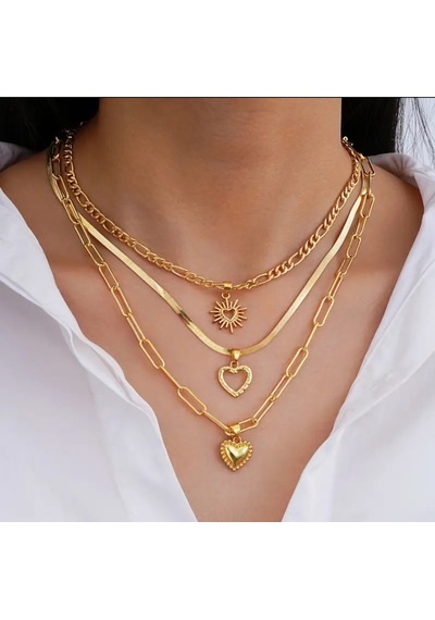 Girift Vintage Alun 3'lü Gold Kalpli Kolye Sarı
