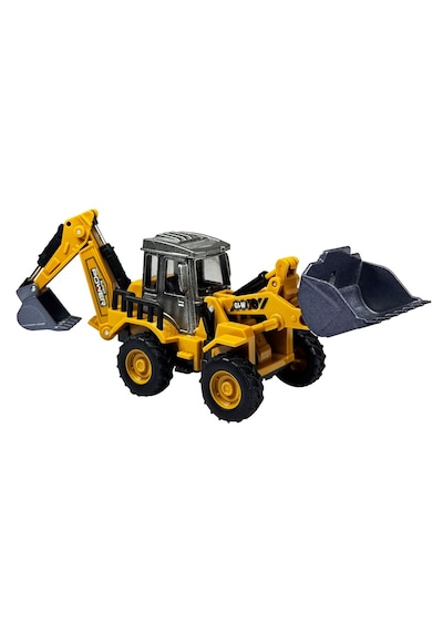 Diecast Oyuncak Metal İnşaat Araçları Çift Taraflı Dozer Kepçe Sürtmeli Kazıcı Ve Yükleyici Kutulu Sarı