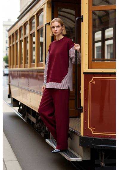Benerly Kadın Alt Üst Oversize Rahat Kesim Örme Sweatshirt Ve Geniş Paça bordo Benerly Kadın Alt Üst Oversize Rahat Kesim Örme Sweatshirt Ve Geniş Paça bordo