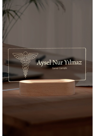 Doktorlar İçin Kişiye Özel Led Masa İsimliği Masif Ahşap Tabanlı Usb Kablolu Pleksi Led Gece Lambası