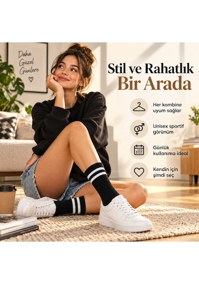 Storeşahin Siyah Çorap Beyaz Çizgili 3'lü Set Unisex Uzun Soket Günlük Spor Rahat Kolej Stil Çorap Seti Shn0720