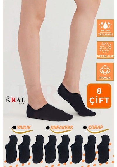 Kral Socks Kadın - Erkek 8 Li - 8 Çift Pamuklu Terletmez Yazlık Görünmez Çorap Seti Siyah